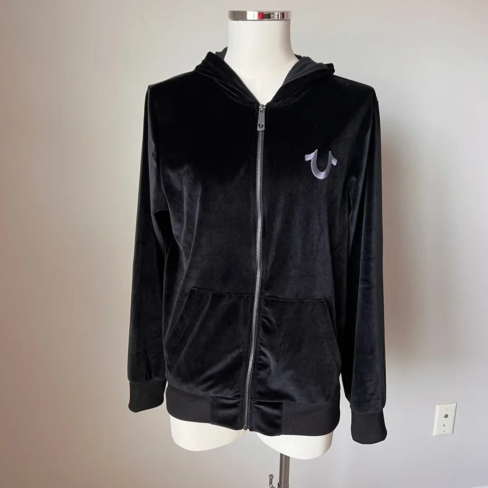 True Religion‎ Mens Black Velour Zip Up Hoodie Horseshoe Velvet Logo Black NWOT